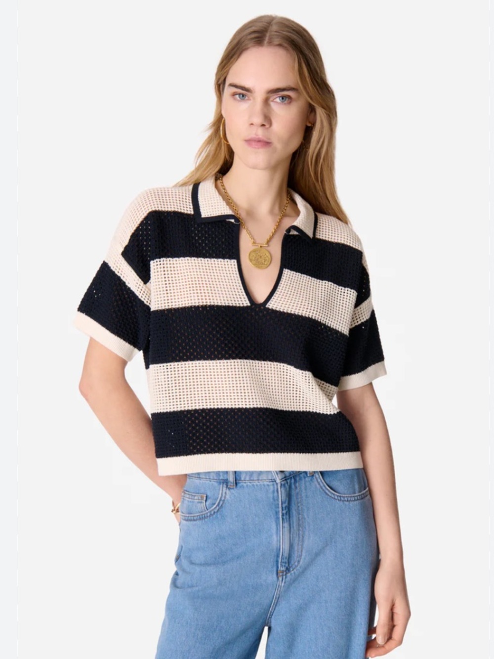 Vanessa Bruno Edaly Open Knit Polo Sweater Striped Cotton